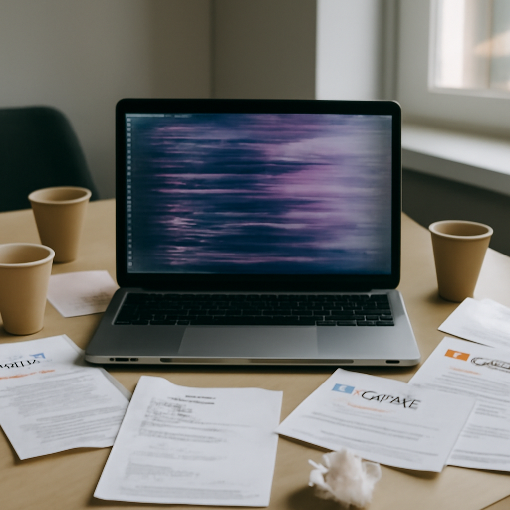 Cluttered desk with laptop showing PHP project, surrounded by coffee cups and coding notes in a modern office.
