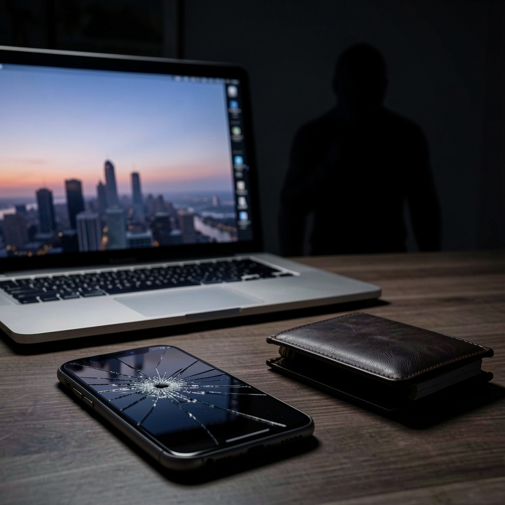 Smartphone with cracked screen lies next to drained wallet, laptop screen shows cityscape, with shadow of lurking figure in…