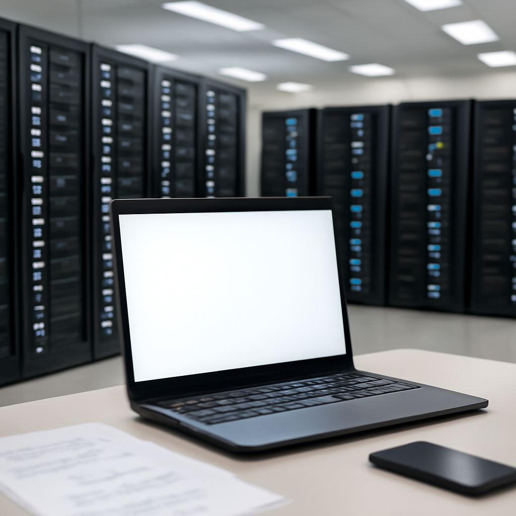 Server racks in a brightly-lit facility with a laptop, smartphone, and other devices on a nearby table.