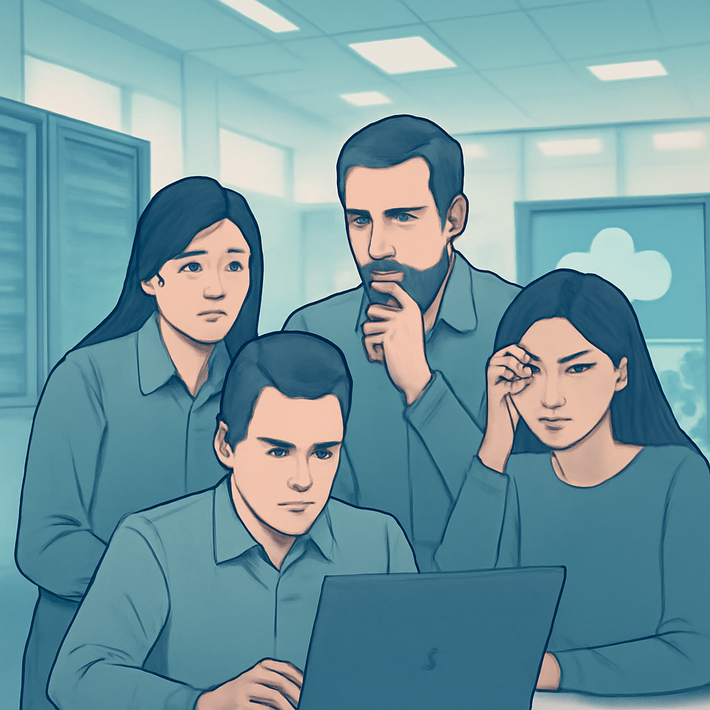 Concerned individuals in a cloud computing setting review a laptop amidst rows of servers.