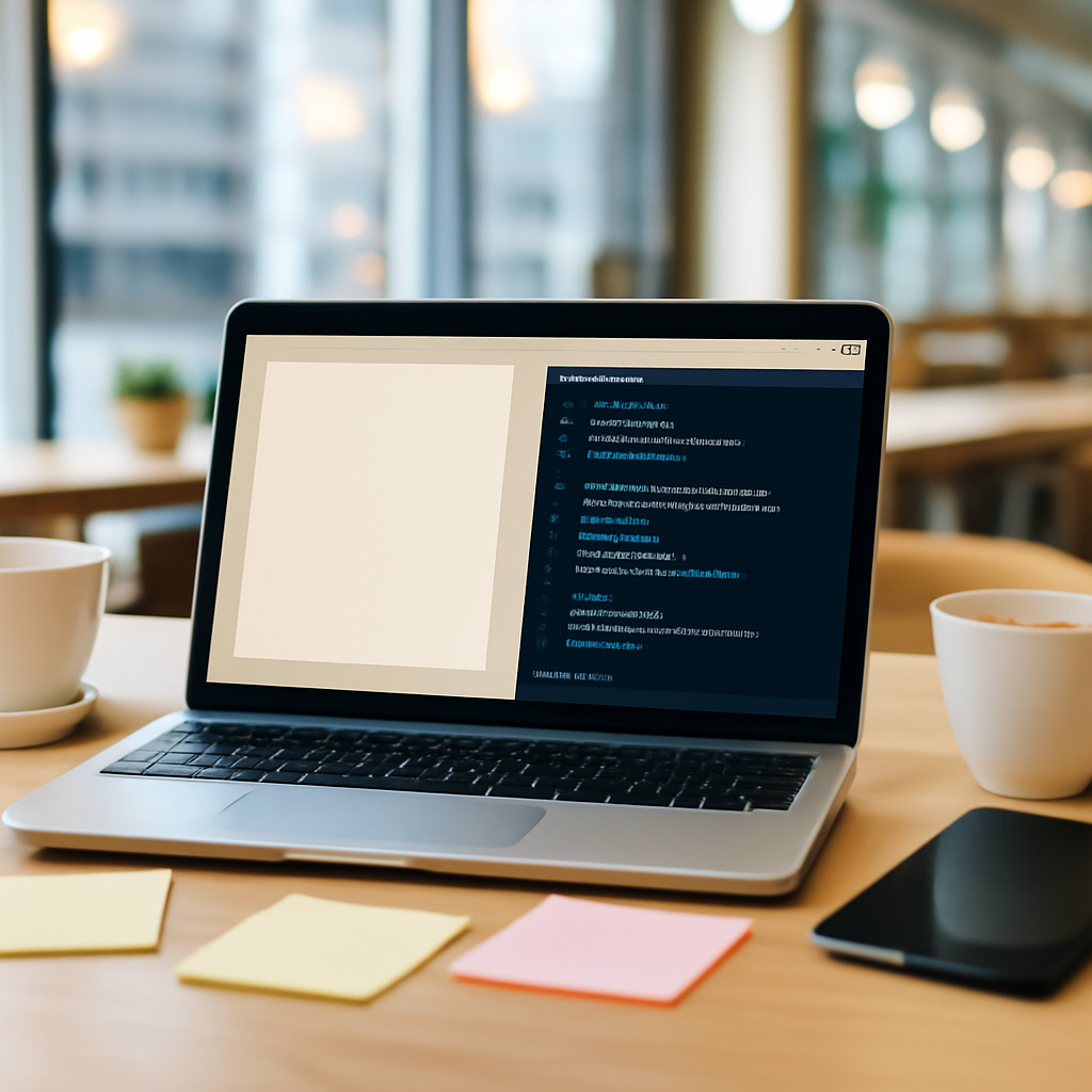 Developer workstation with laptop, terminal, and notes in a brightly lit coffee shop or co-working space.