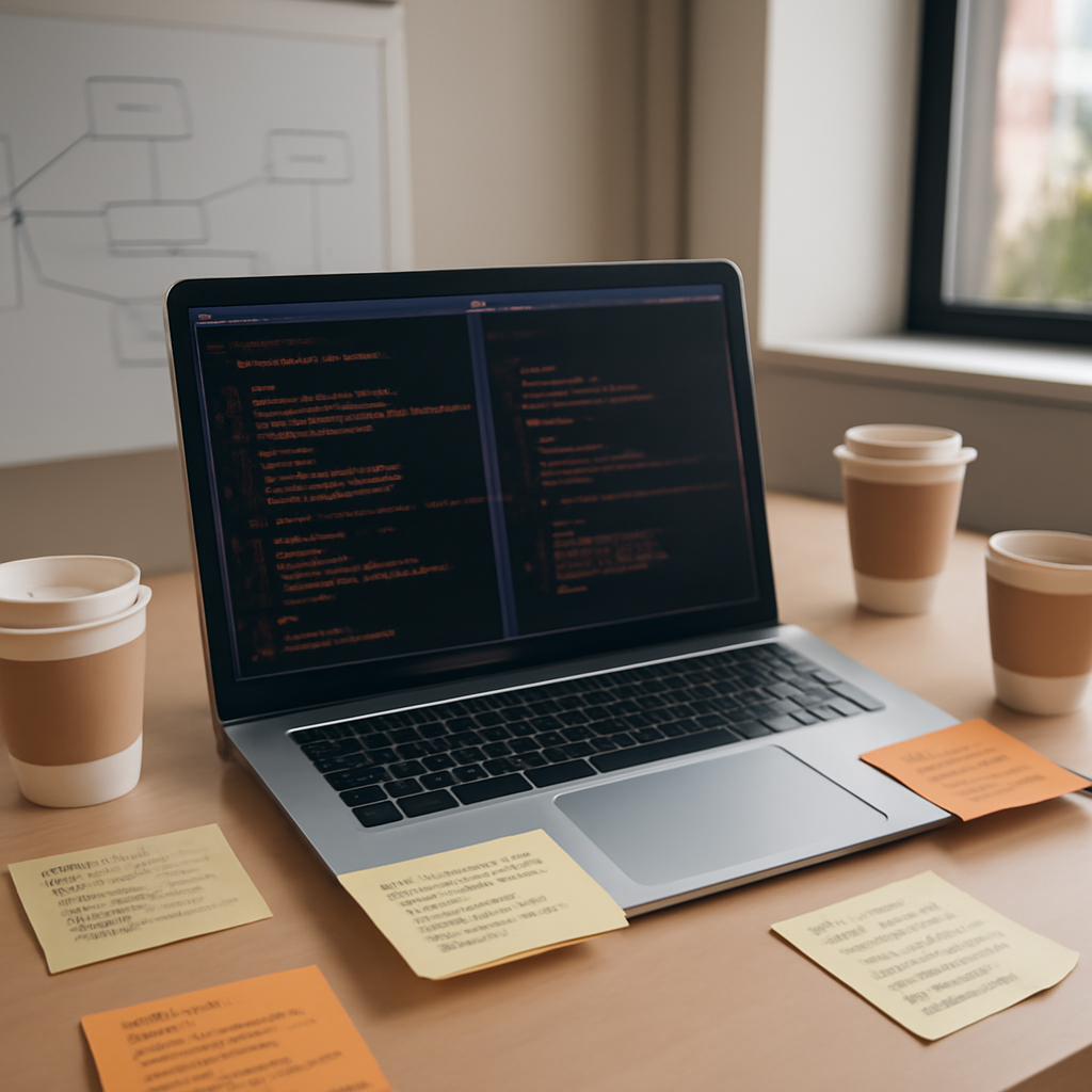 Software development workspace with laptop, terminal windows, coding notes, and empty coffee cups in a neutral office…