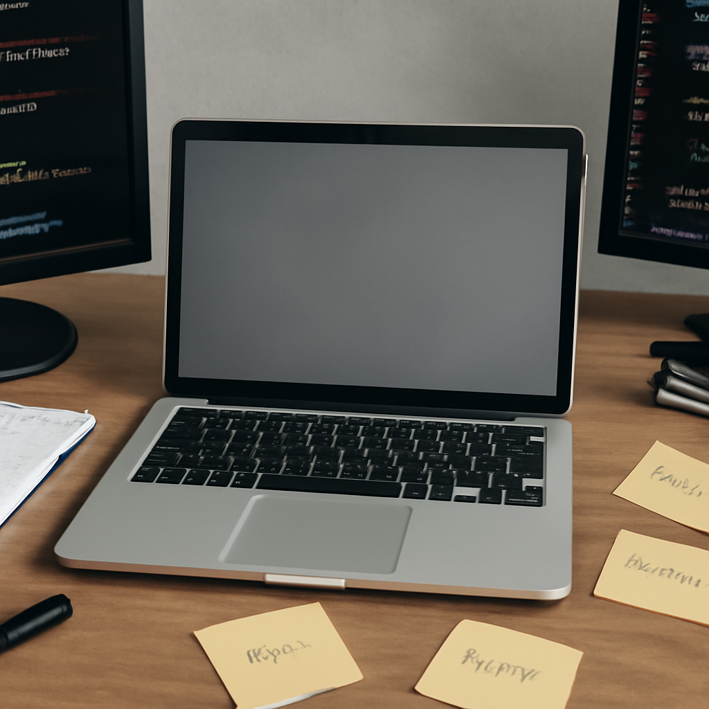 Software development workstation with laptop, coding tools, and notes in a brightly-lit neutral environment.