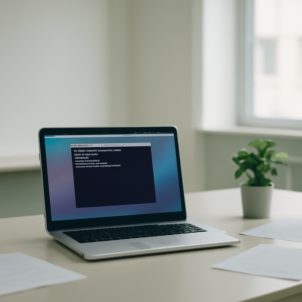 A Linux workstation with a laptop showing a terminal window on a plain surface amidst scattered papers and a small potted…