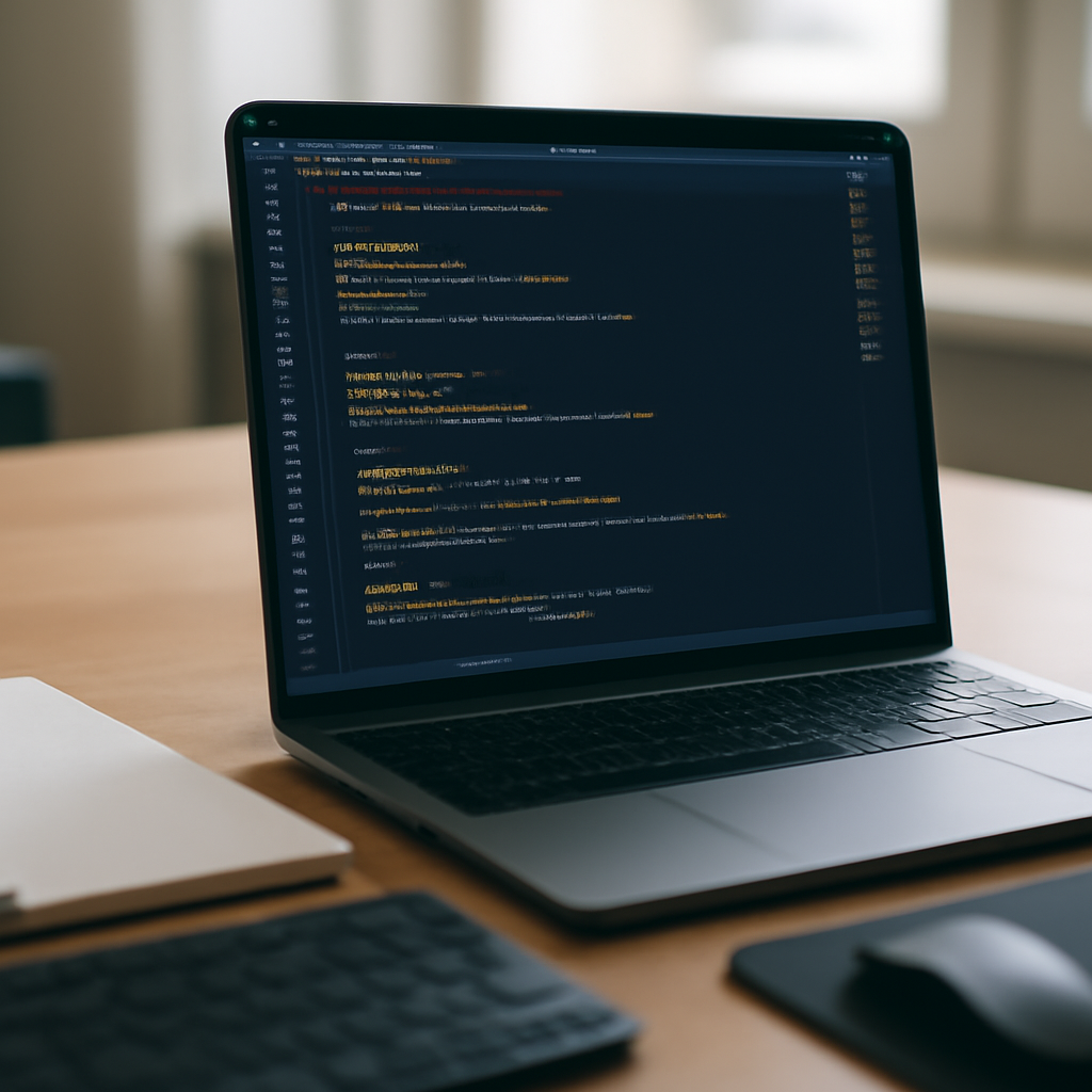Laptop screen displays code in a coding environment amidst office workspace elements.