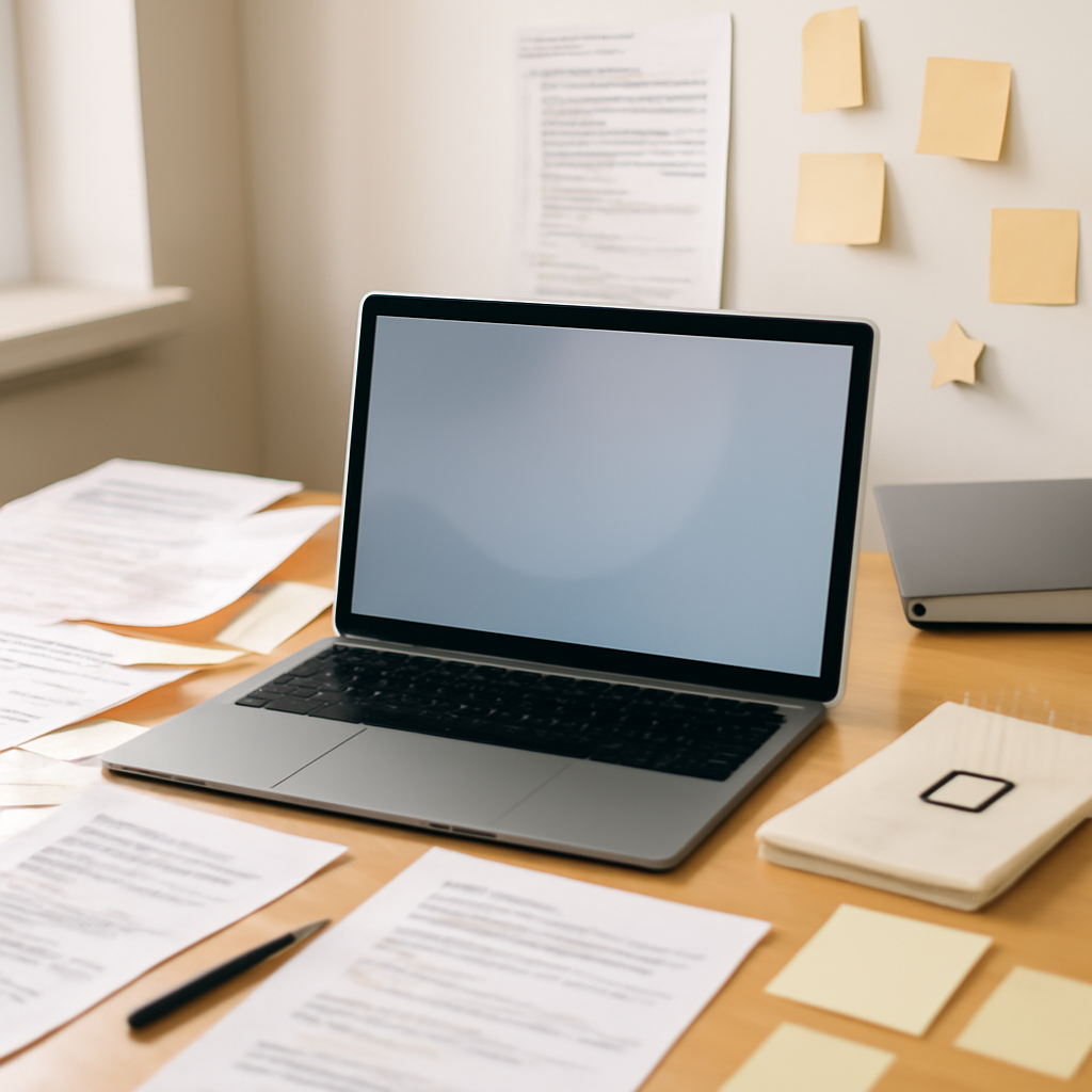 Cluttered desk with laptop, papers, and coding materials in a brightly-lit room.