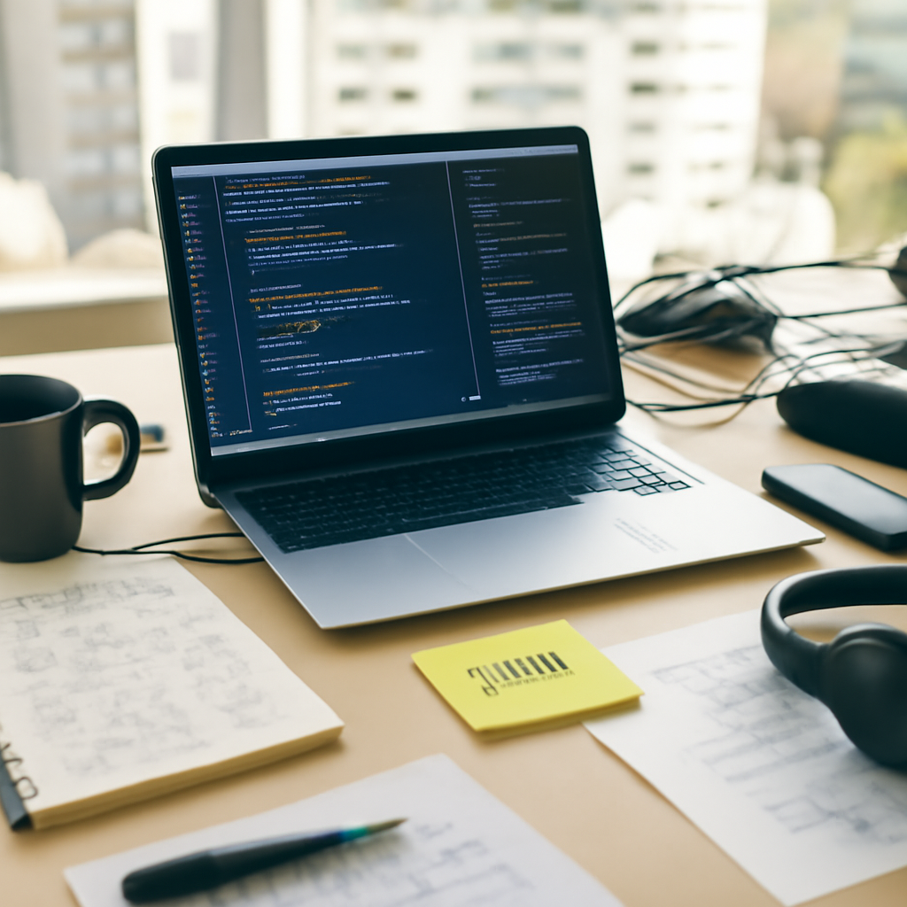 Cluttered software development workspace with laptop, tools, and Chinese characters on a desk overlooking a blurred…
