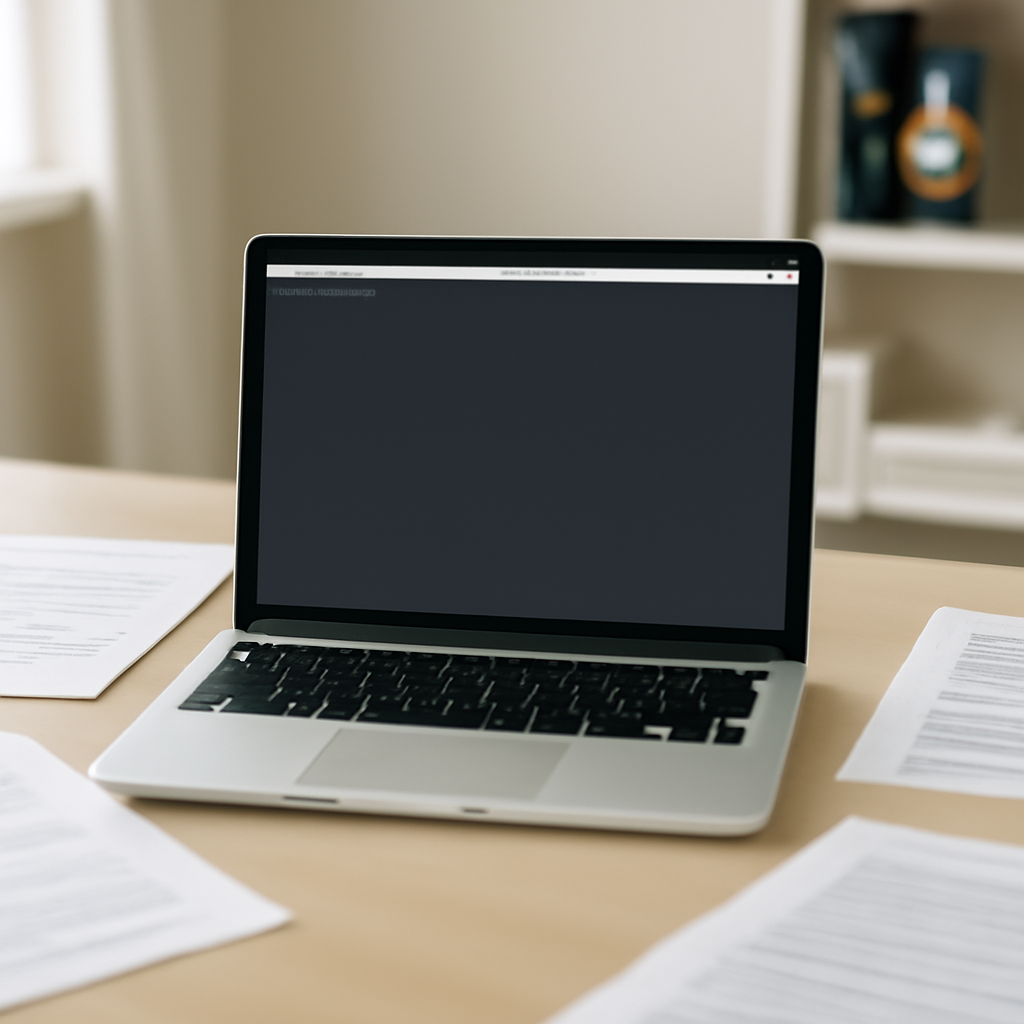 Linux terminal on a clean desk with a blank command-line interface on the screen.