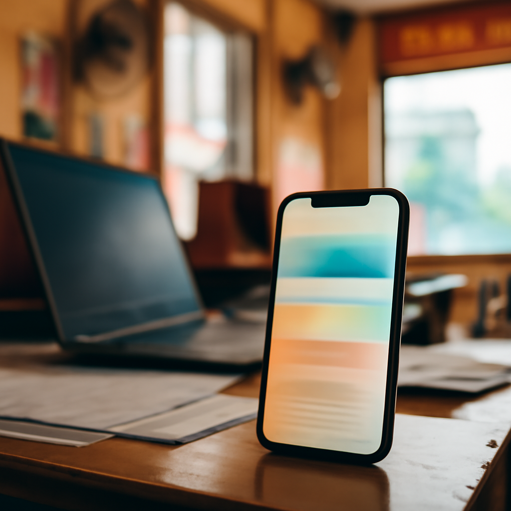 Smartphone on cluttered desk in cafe with blurred webpage on screen.