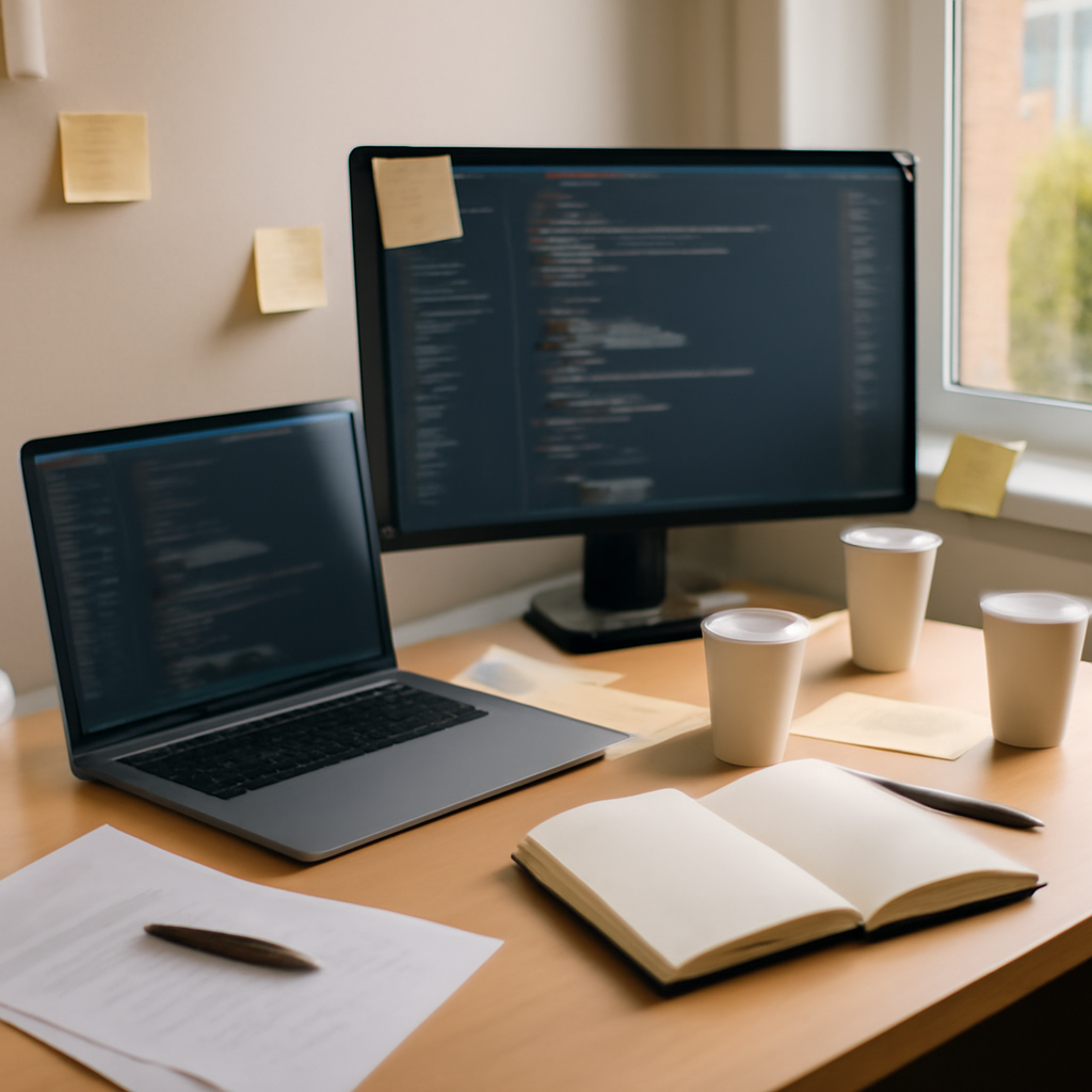 Developer workstation with laptop, monitor, and notes in a bright office setting.