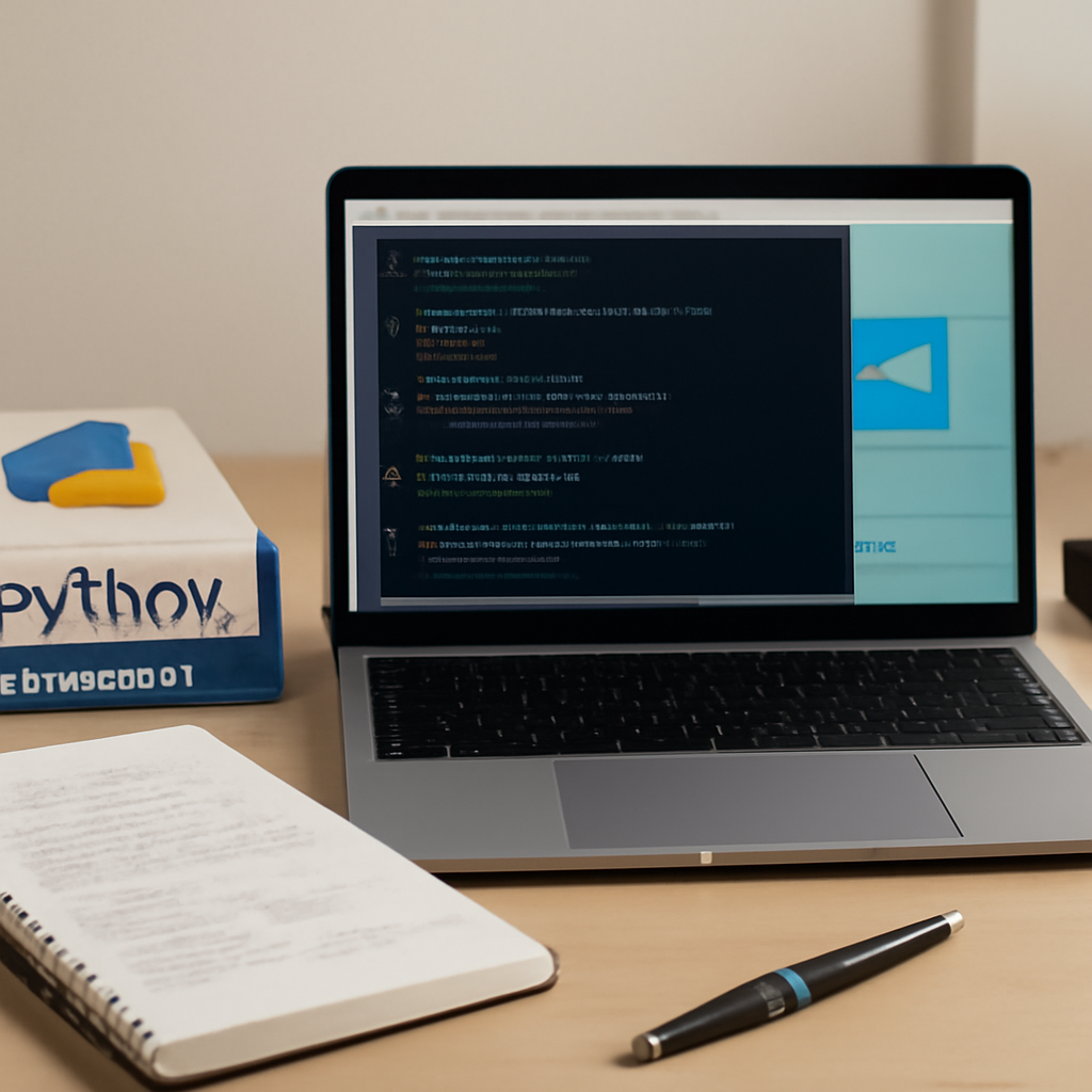 Python developer workstation with laptop, terminal, and programming notes, hint of Telegram logo in background.