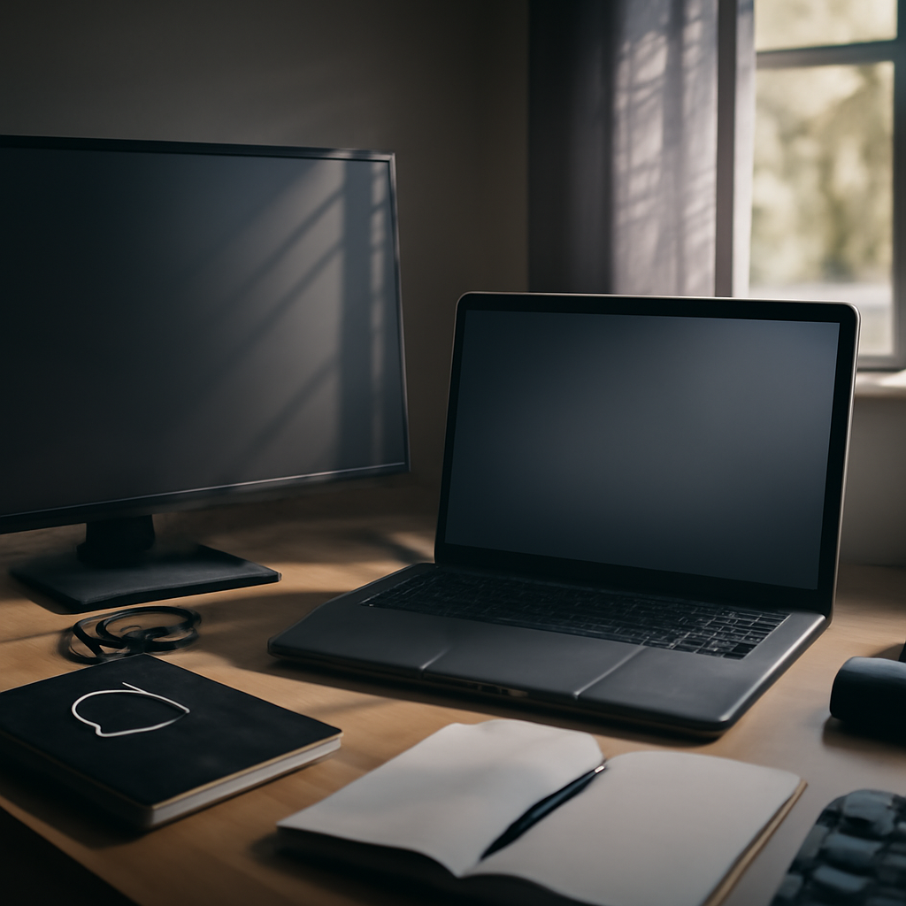 Developer workstation with laptop and coding items, hinting at vulnerability with faint shadow and ajar window.