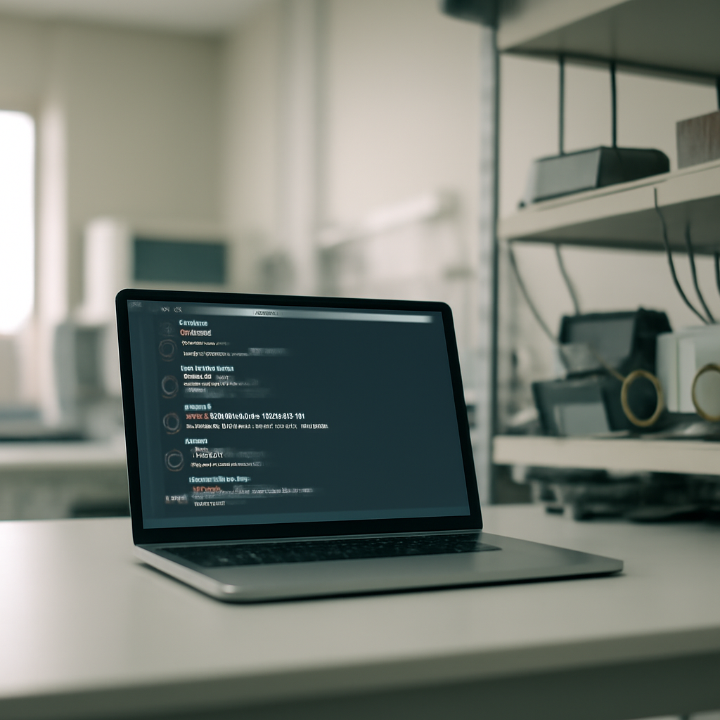 Laboratory workstation with blurred coding interface on laptop screen.
