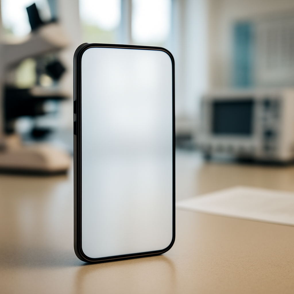 Smartphone on a lab surface with blurred technical instruments in the background.