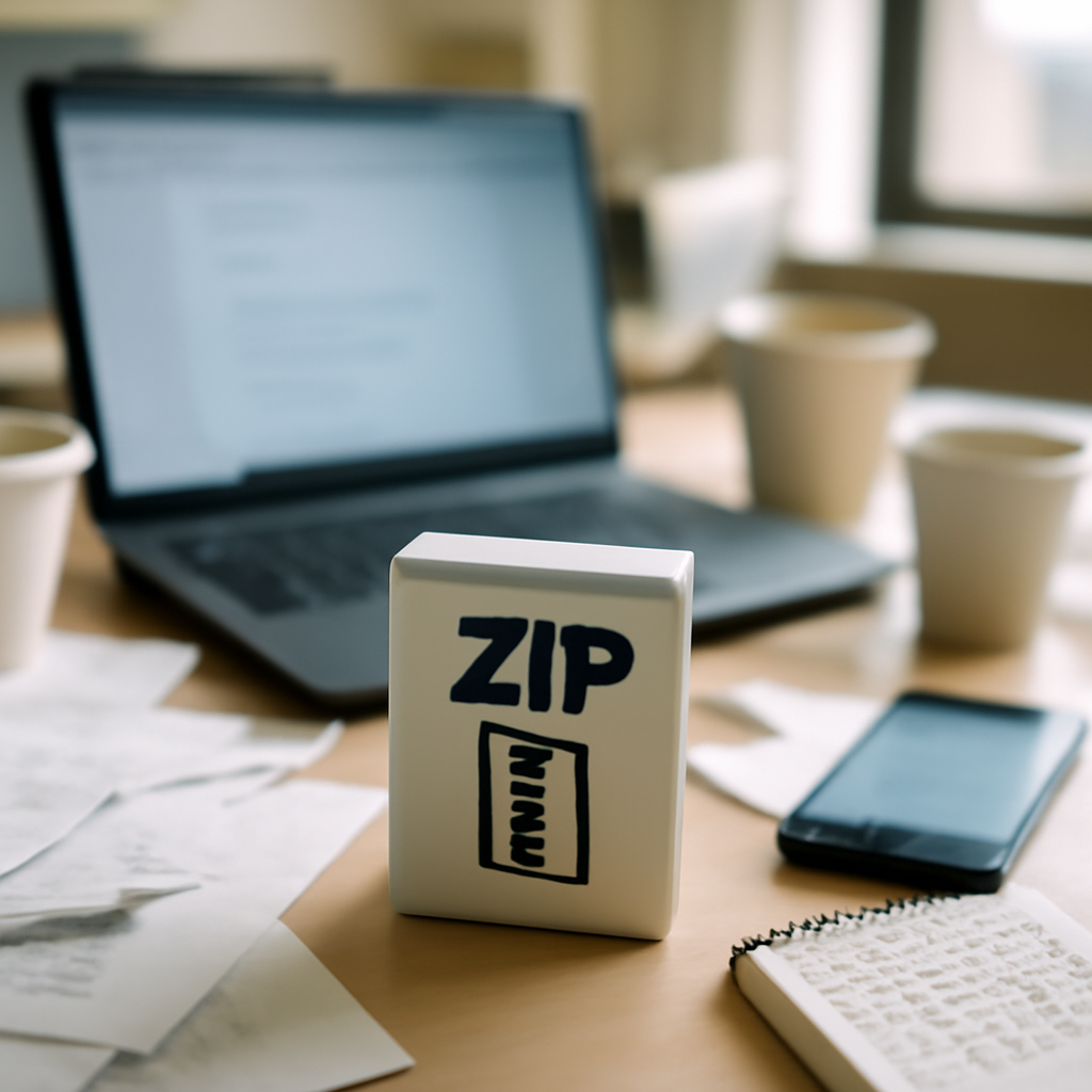 Cluttered office desk with laptop and smartphone, screens blurred.