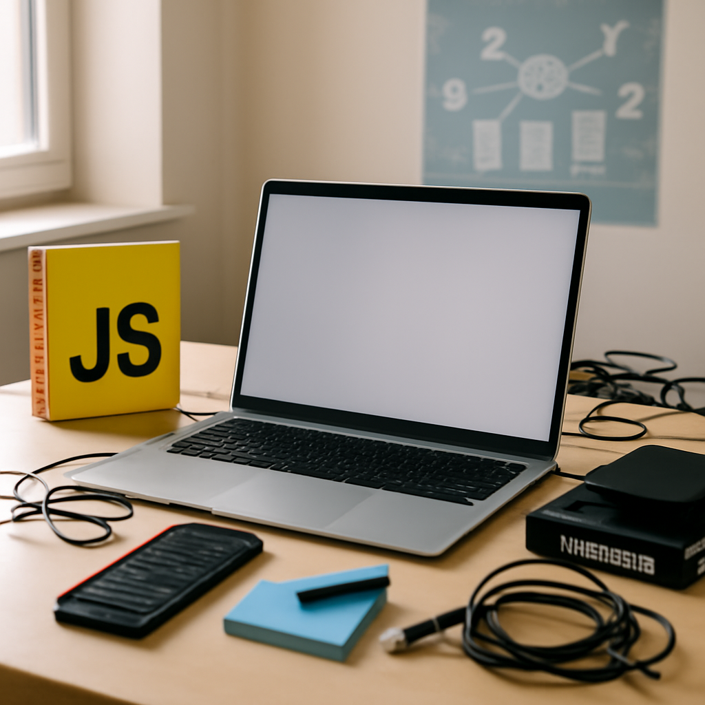 Cluttered developer workstation with laptop, coding tools, and subtle blockchain diagram in background.