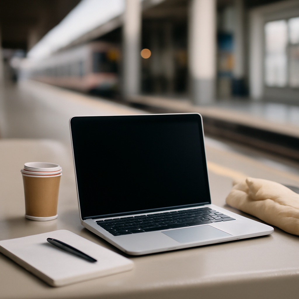 Laptop on a city transit platform bench with everyday objects nearby.