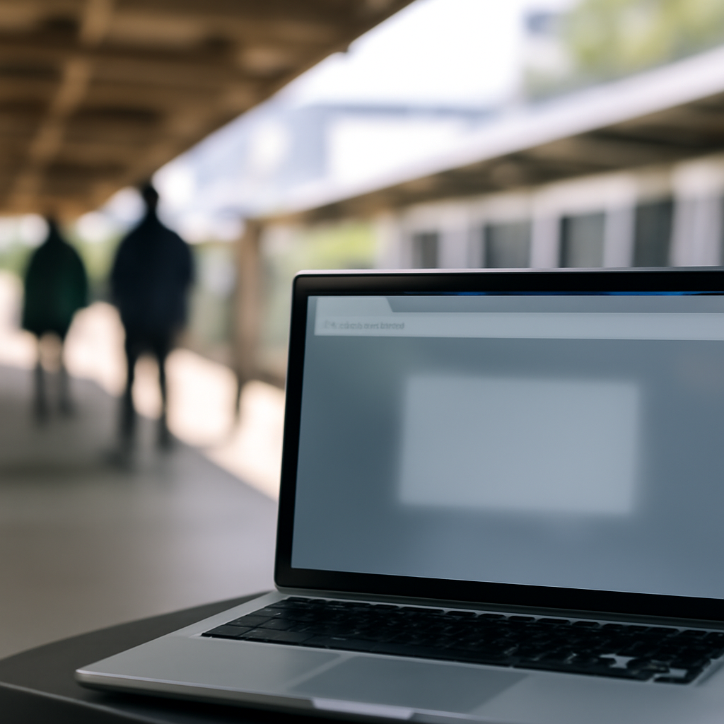 City transit platform with people in background, foreground computer screen blurred, hinting at malware threat.
