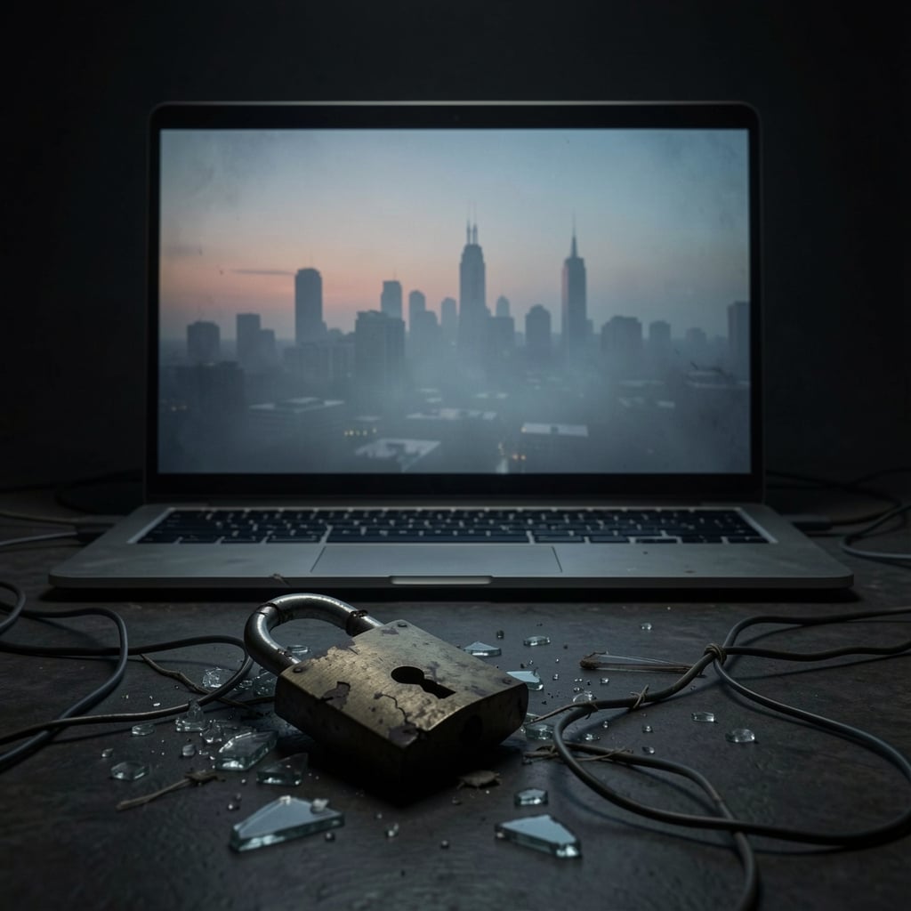 A broken padlock lies amidst shattered glass and torn wires in front of a laptop screen displaying a ghostly cityscape at…