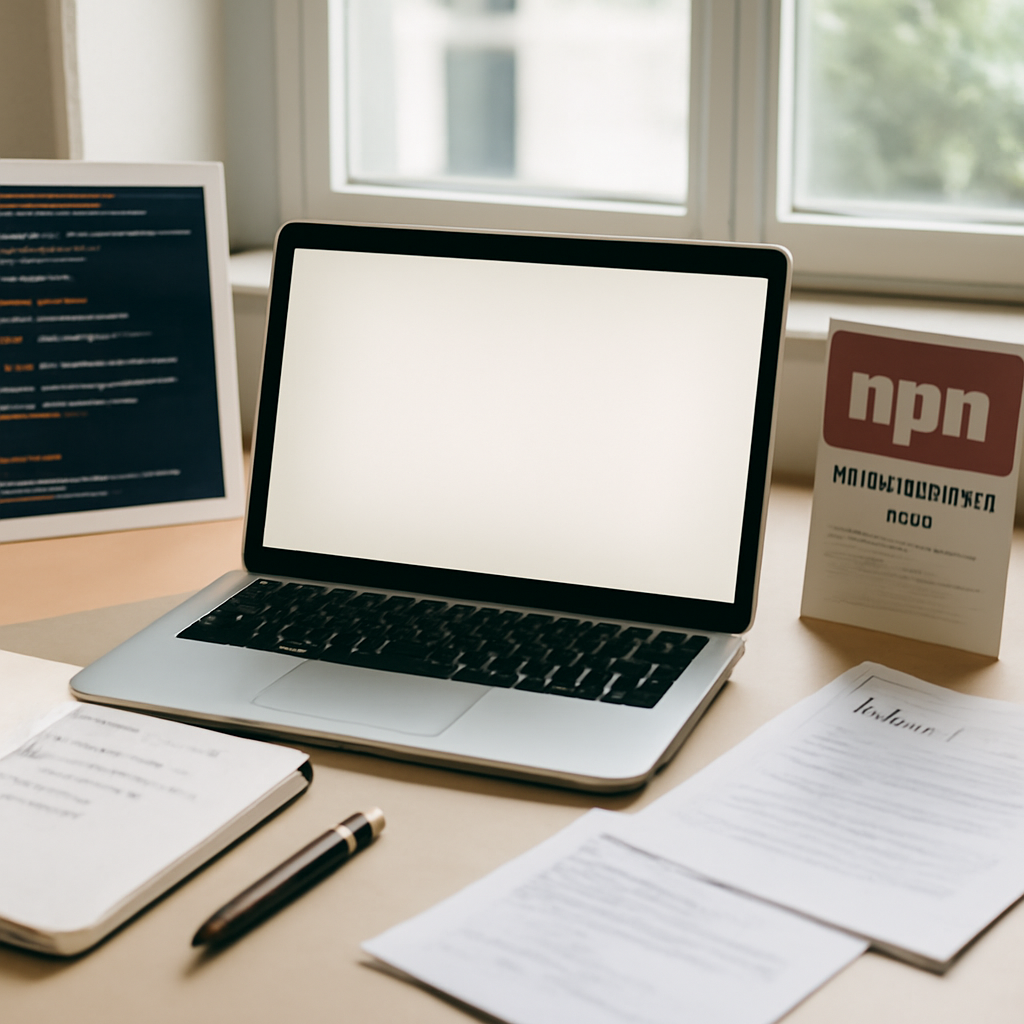 Brightly-lit coding workstation with laptop, notes, and software materials scattered around.