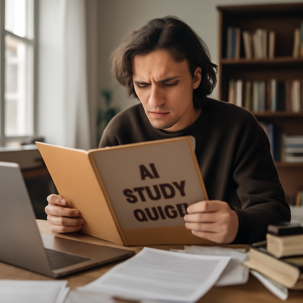 Person examines AI study guide materials with a concerned expression at home desk.