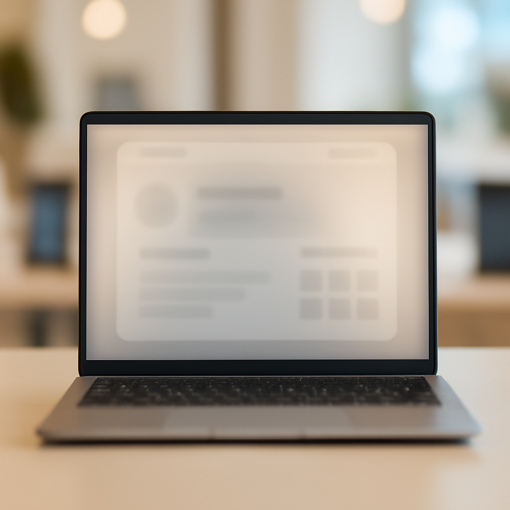 Laptop screen on a desk in a brightly-lit indoor setting with blurred smartphones and tablets in the background.