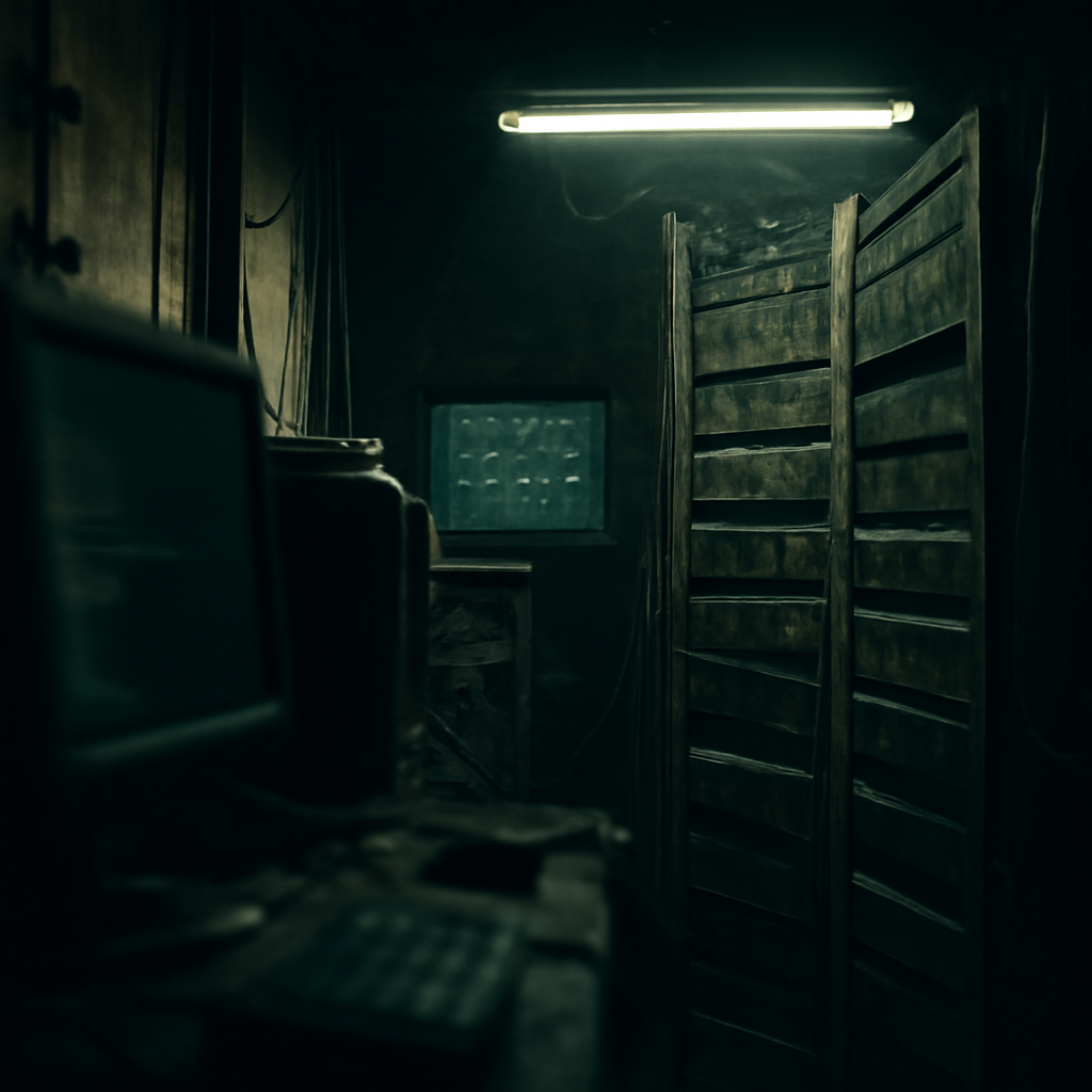 Dimly lit server room with dusty equipment and flickering fluorescent light.