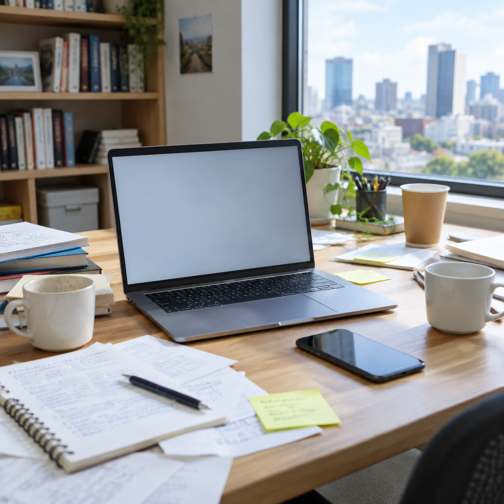 Cluttered home office workspace with laptop and smartphone nearby.