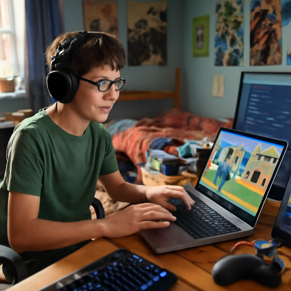 Young gamer sits in cluttered bedroom with laptop showing Roblox game and nearby screen with Discord chat or gaming forum.