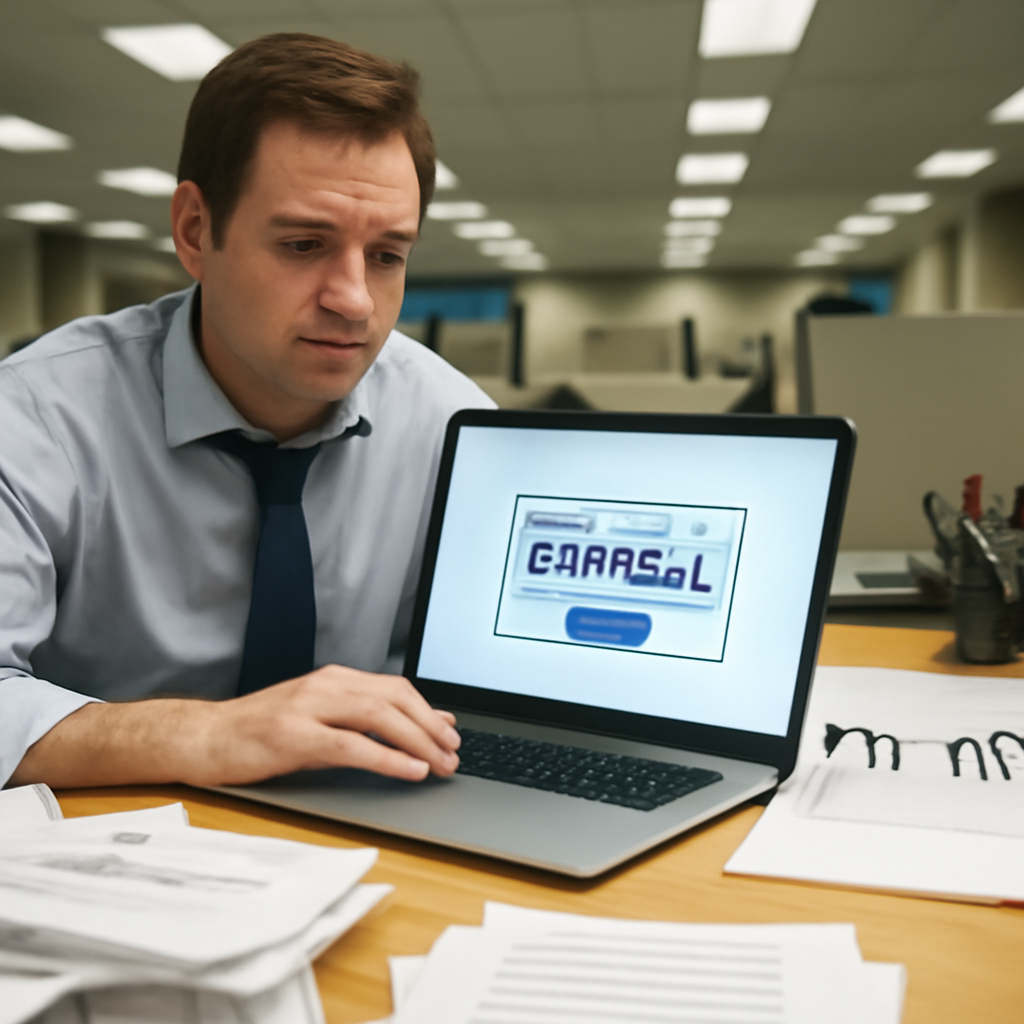 Office worker sits at cluttered desk with laptop showing fake CAPTCHA and nearby paper with malicious command.