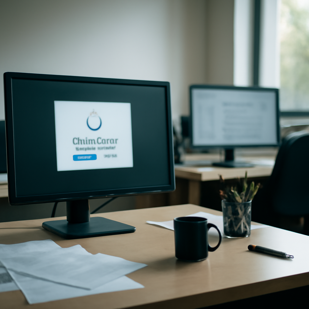Office setting with computers, papers, and a blurred monitor displaying a fake software update prompt.