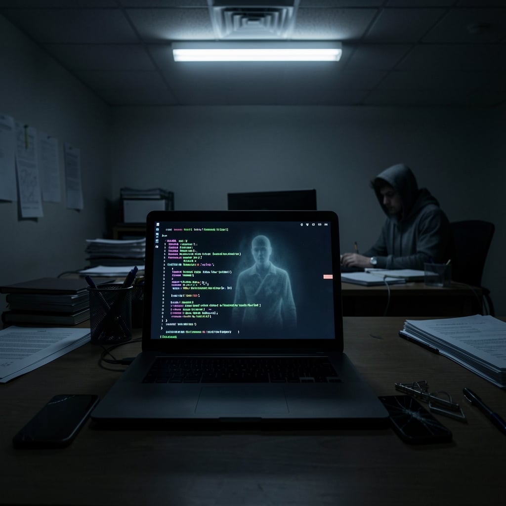 Darkened office with eerie shadows, a laptop displaying ominous code and a cracked smartphone, with a ghostly figure in the…