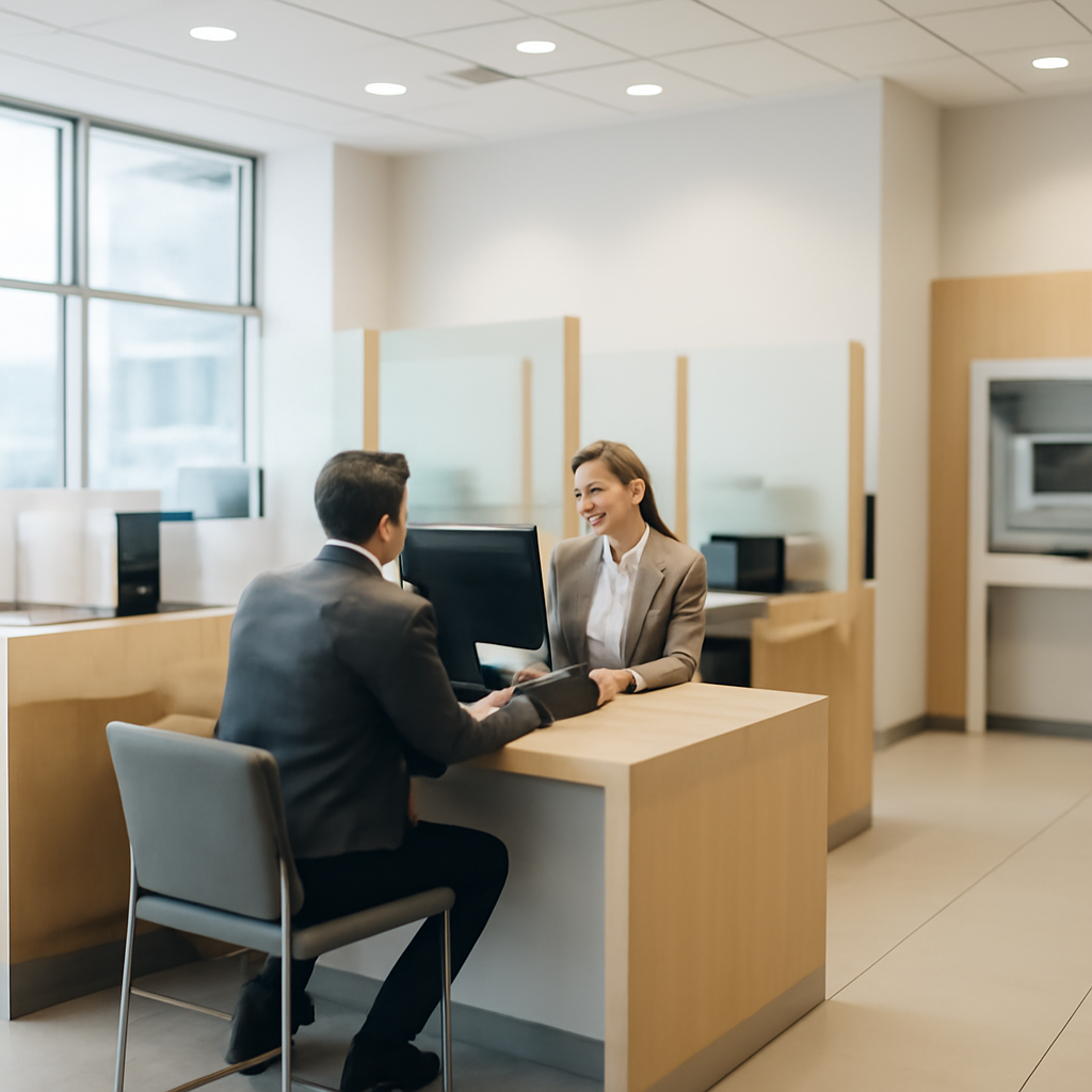 Modern bank lobby with customer service desk and banking terminals.