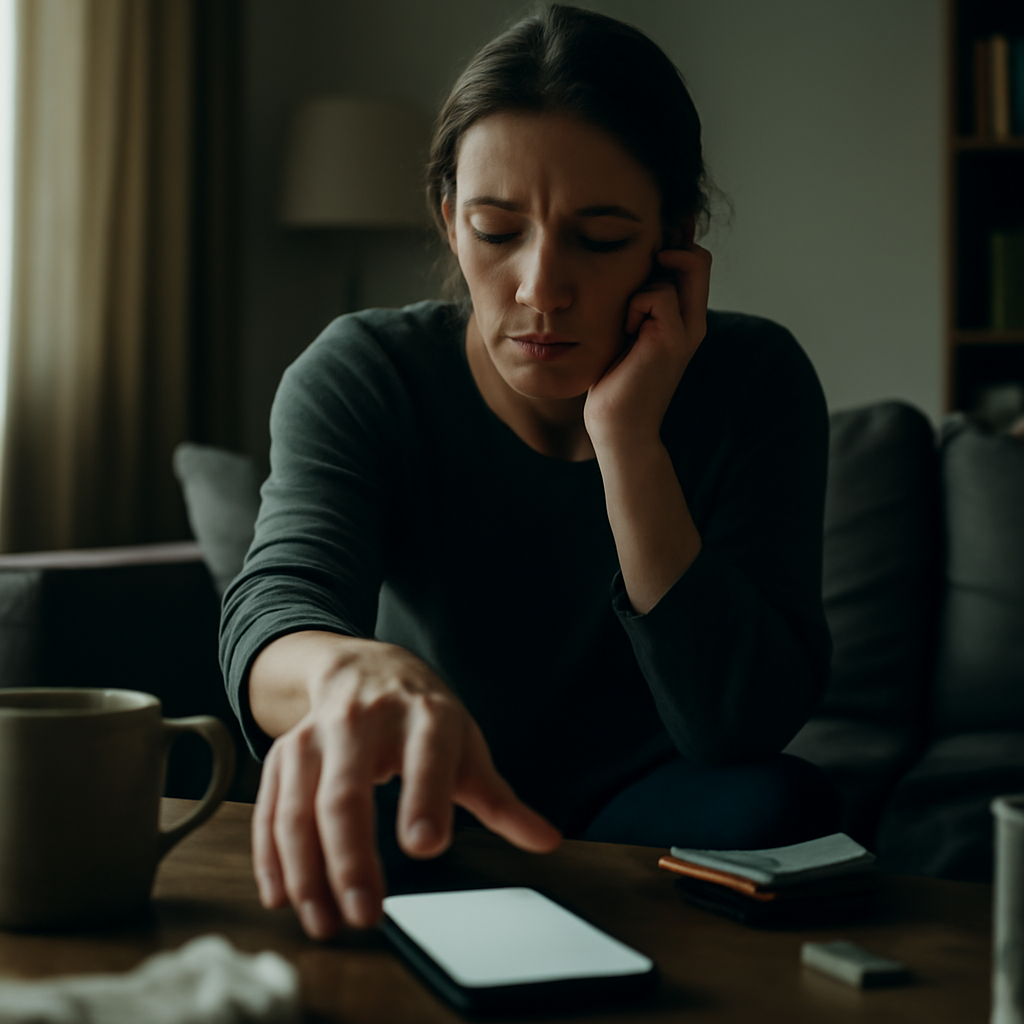 Person sits in dimly lit living room, staring at blank smartphone screen with a somber expression.