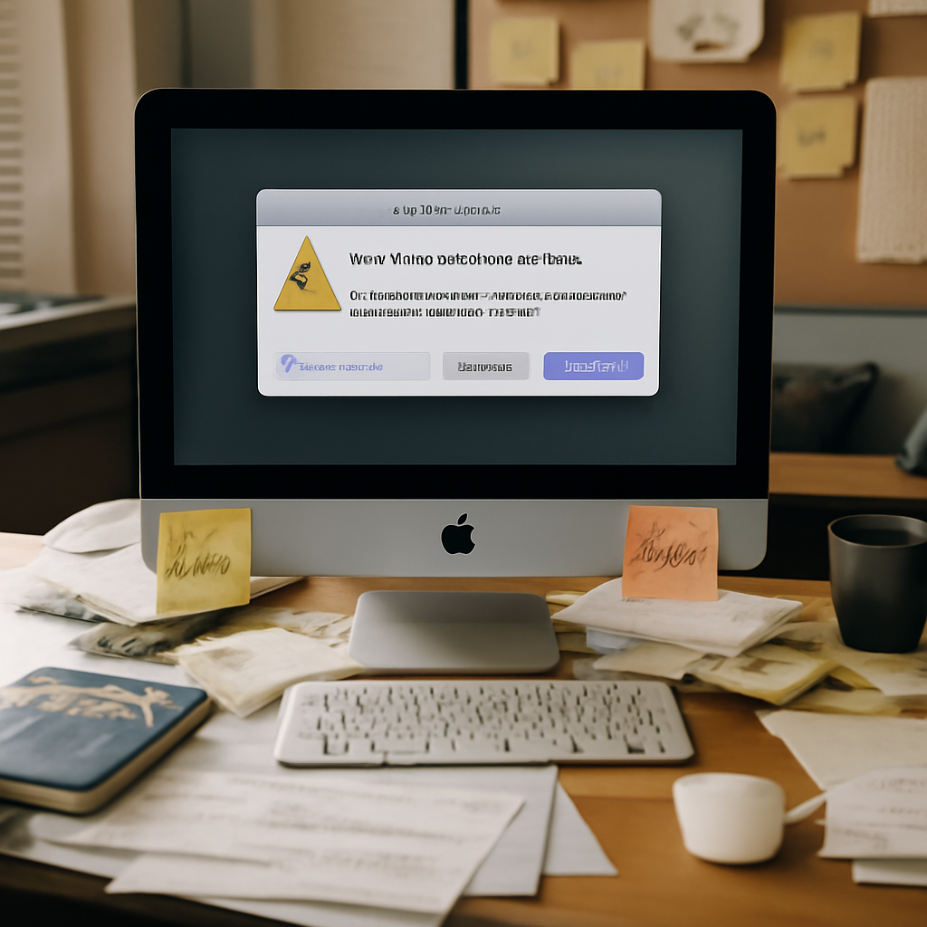 Cluttered home office desk with Mac computer displaying fake CrashReporter window.