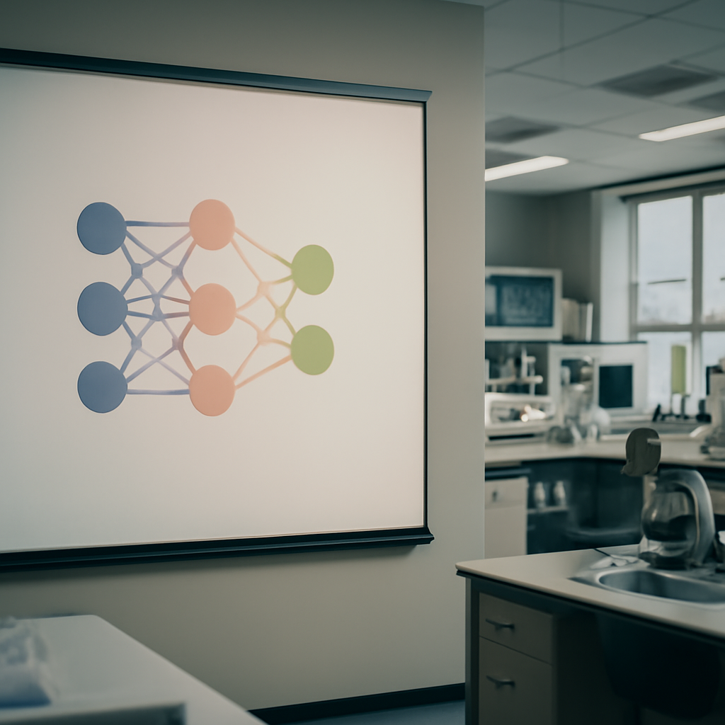 Modern lab with workstations and instruments, featuring a projected neural network diagram.