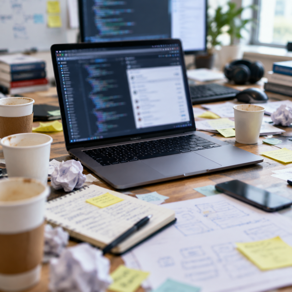 Cluttered tech workbench with laptop, papers, and coffee cups, laptop screen showing abstract code.