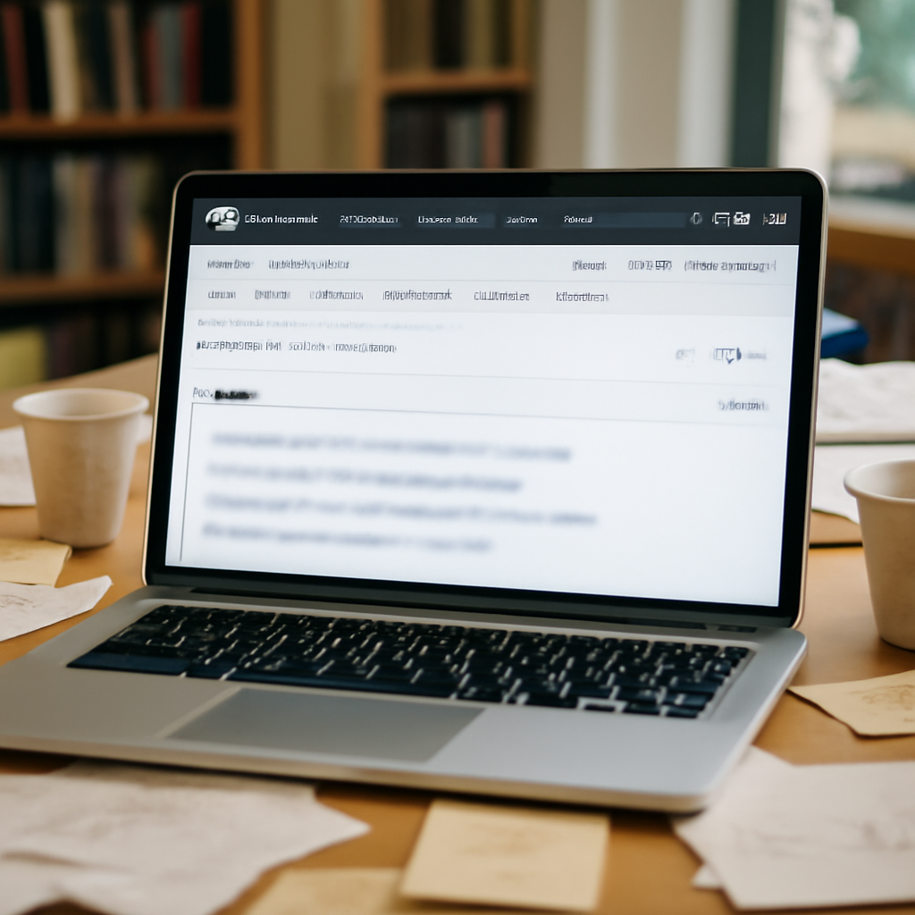 Laptop screen displays GitHub repository with poem, surrounded by cluttered workspace and papers on a wooden desk.