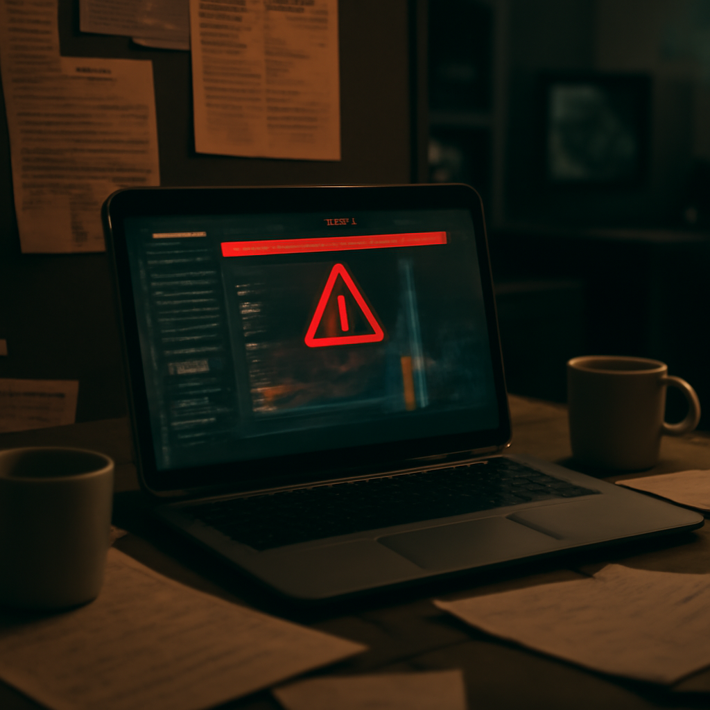 A cluttered home office workspace with an open laptop showing a terminal window, surrounded by papers and coffee cups.