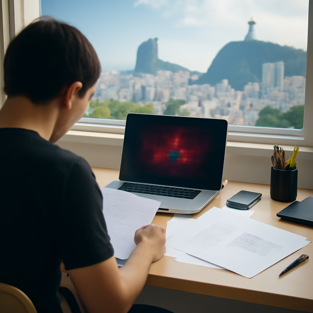 Person working at desk with laptop, surrounded by office supplies, in a Brazilian office with city view.