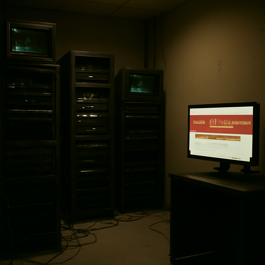 Cramped server room with dusty equipment and flickering screens displaying code.