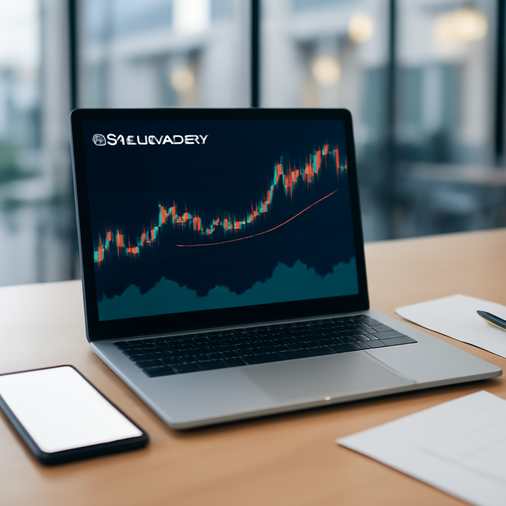 Empty cryptocurrency trading desk with laptop and smartphone on a wooden surface in a modern office space with city view.