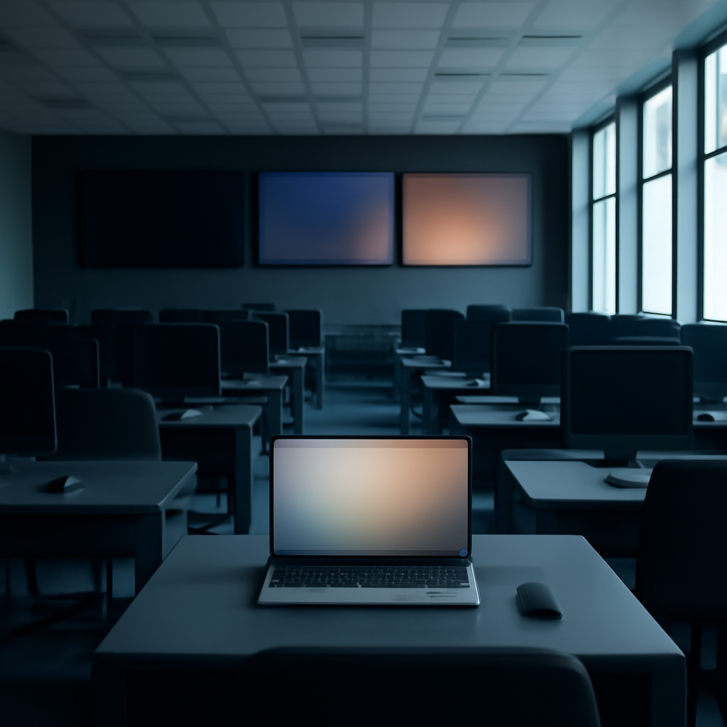 Darkened network operations center with one laptop open, displaying a blurred screen.
