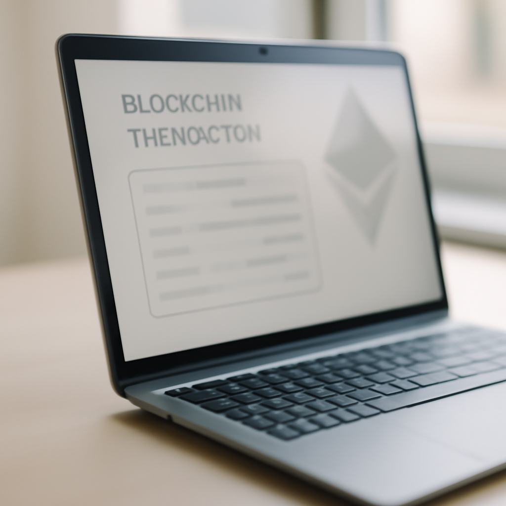 Laptop screen displays blockchain transaction near window with soft daylight.