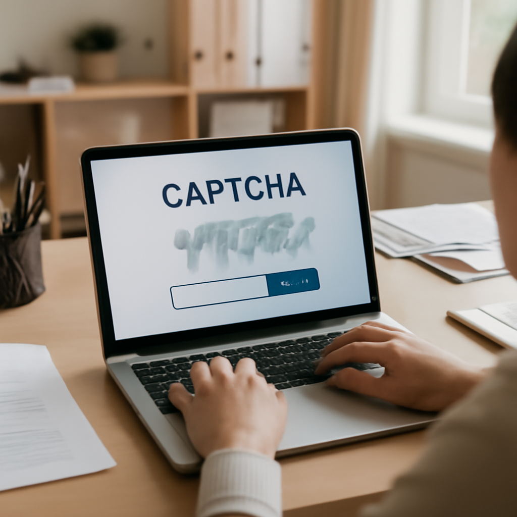 Person sitting at desk with laptop displaying fake CAPTCHA prompt.
