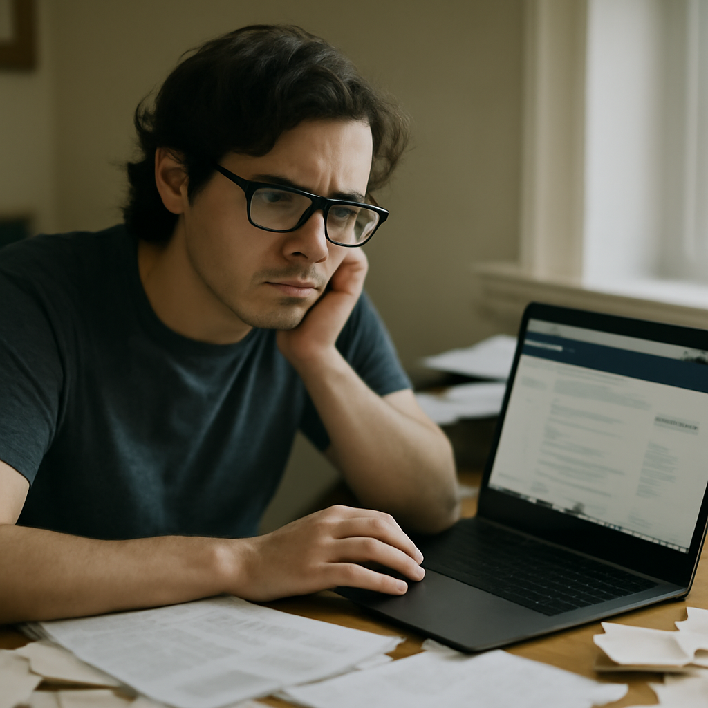 Cybersecurity researcher sits at cluttered desk with laptop and papers, looking concerned.