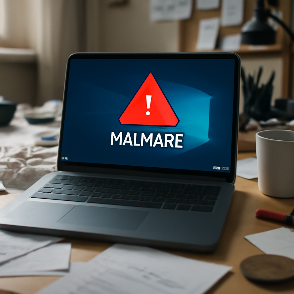 Cluttered home office desk with a laptop displaying a malware warning, surrounded by papers and everyday objects.