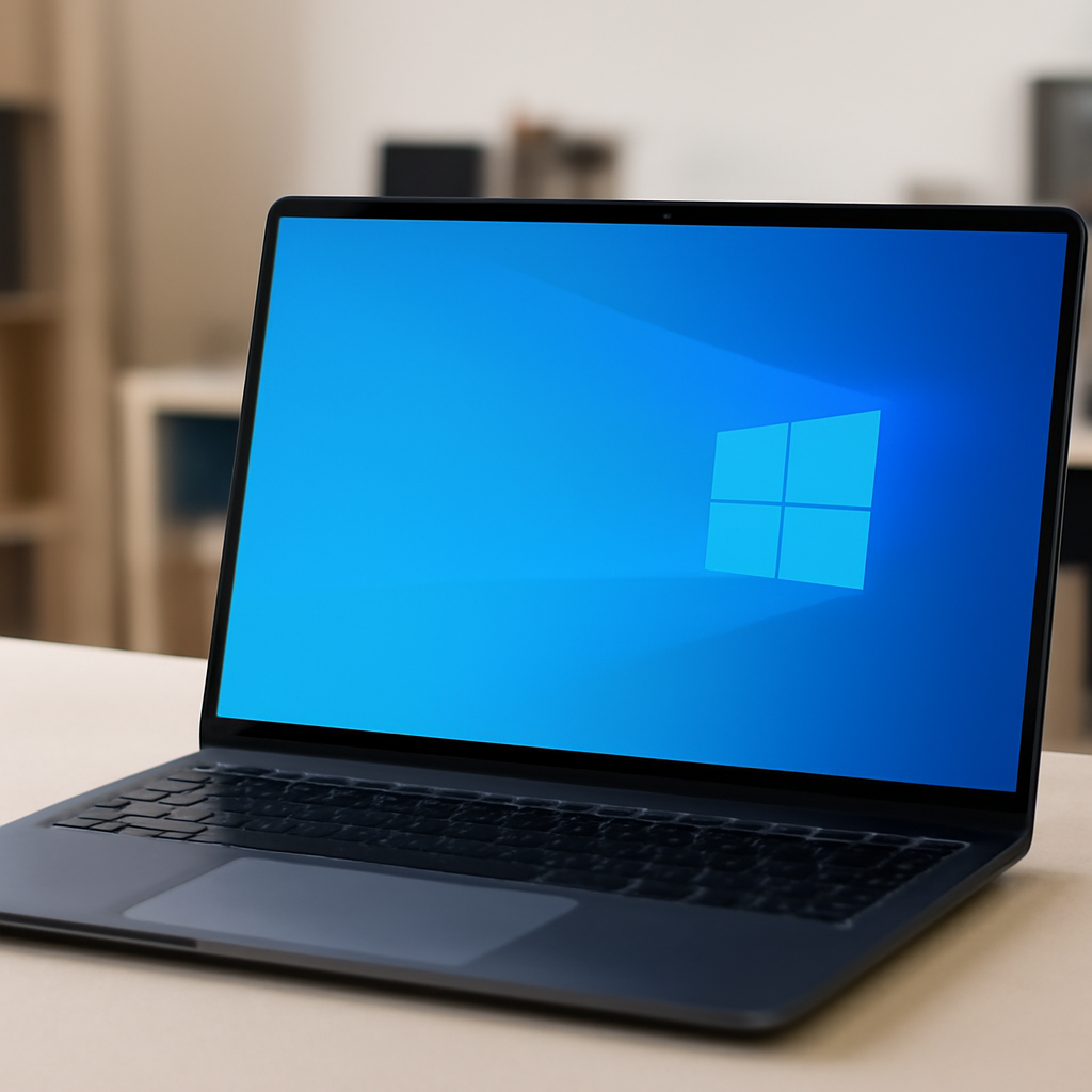 Windows laptop on a neutral surface with a blurred background and a blank desktop screen.