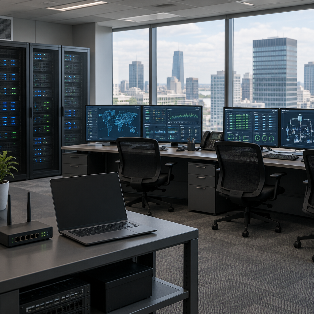 A network operations center with computer workstations, servers, and a city view, with an empty laptop on a nearby table.