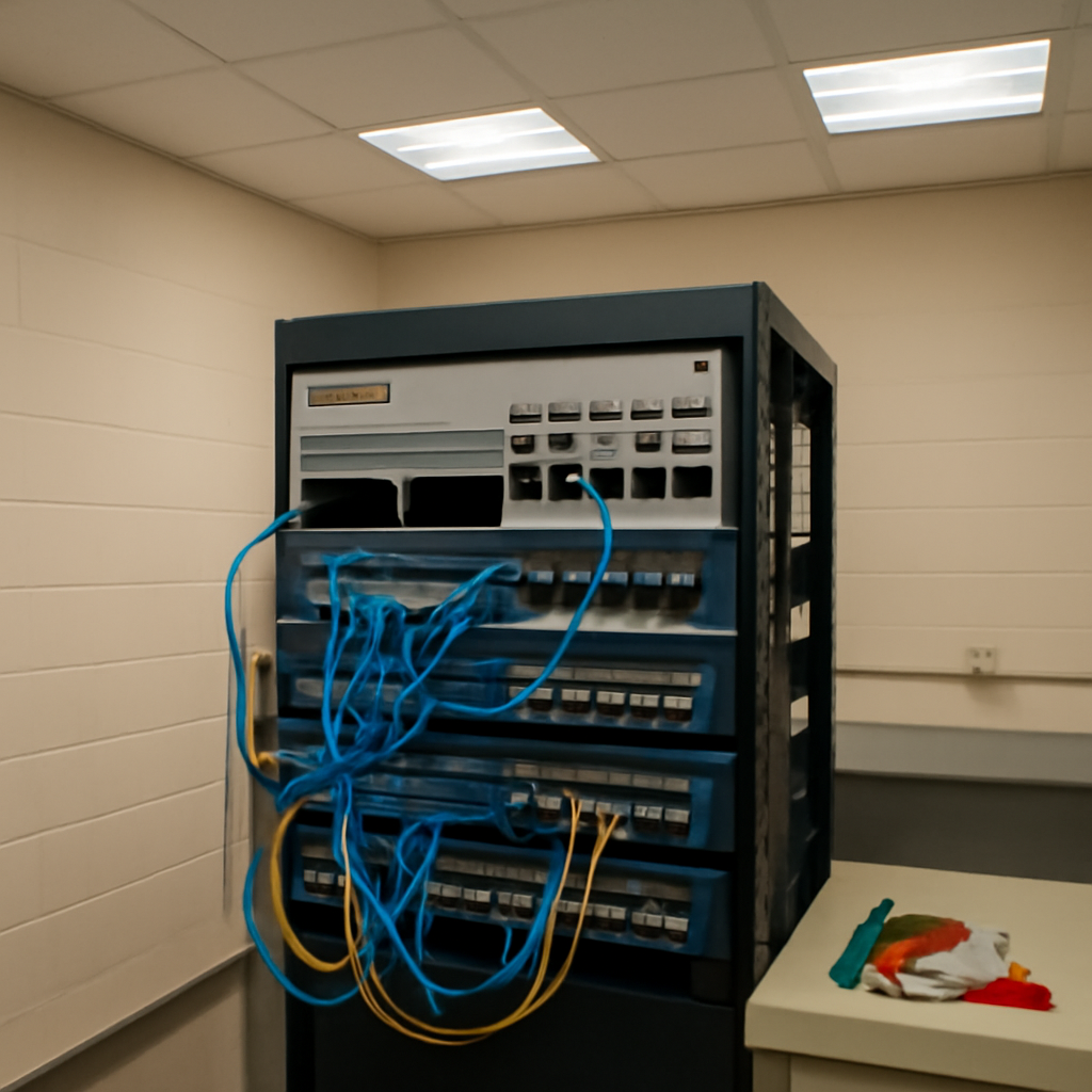 Network equipment rack in a neutral-colored room with fluorescent lighting.